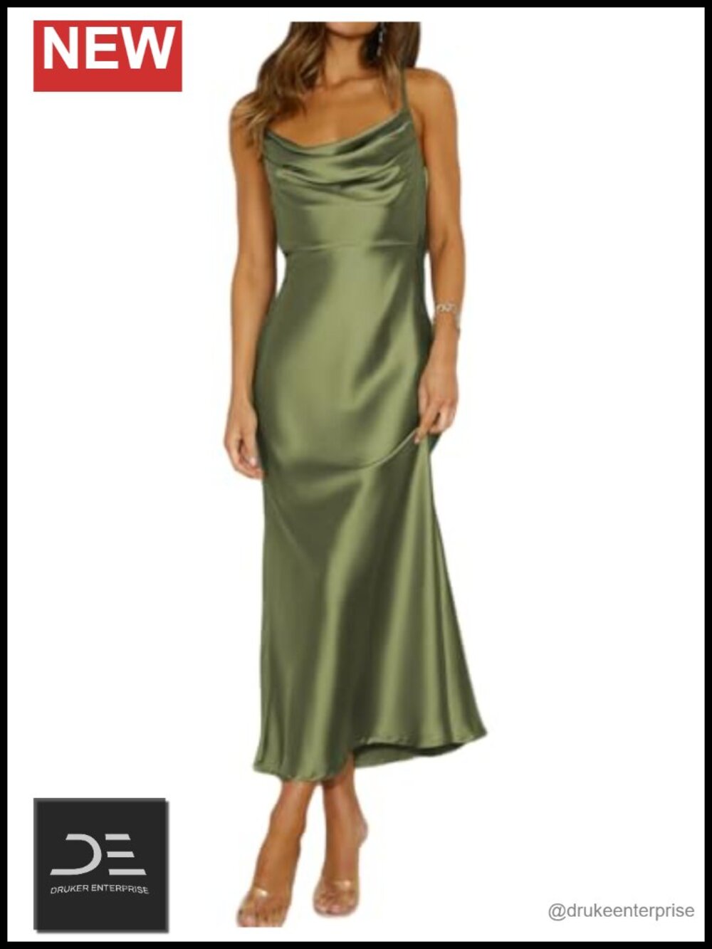 Satin Cowl Neck Backless Midi Dress Spaghetti Strap Wedding Guest